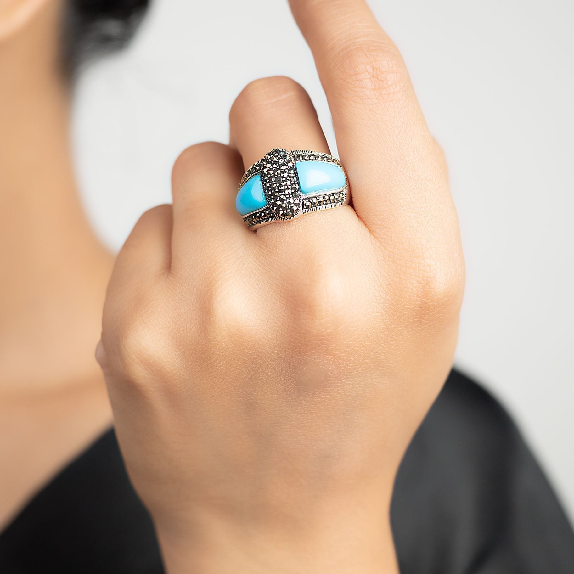 Turquoise & Marcasite Stones Studded Ring silverhousebyrj
