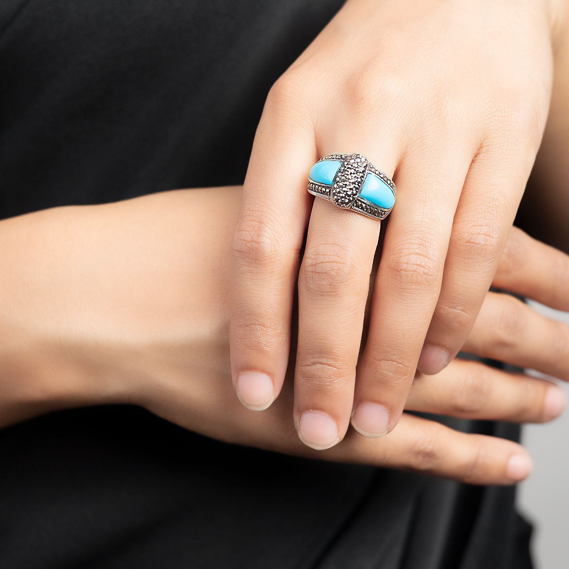 Turquoise & Marcasite Stones Studded Ring silverhousebyrj