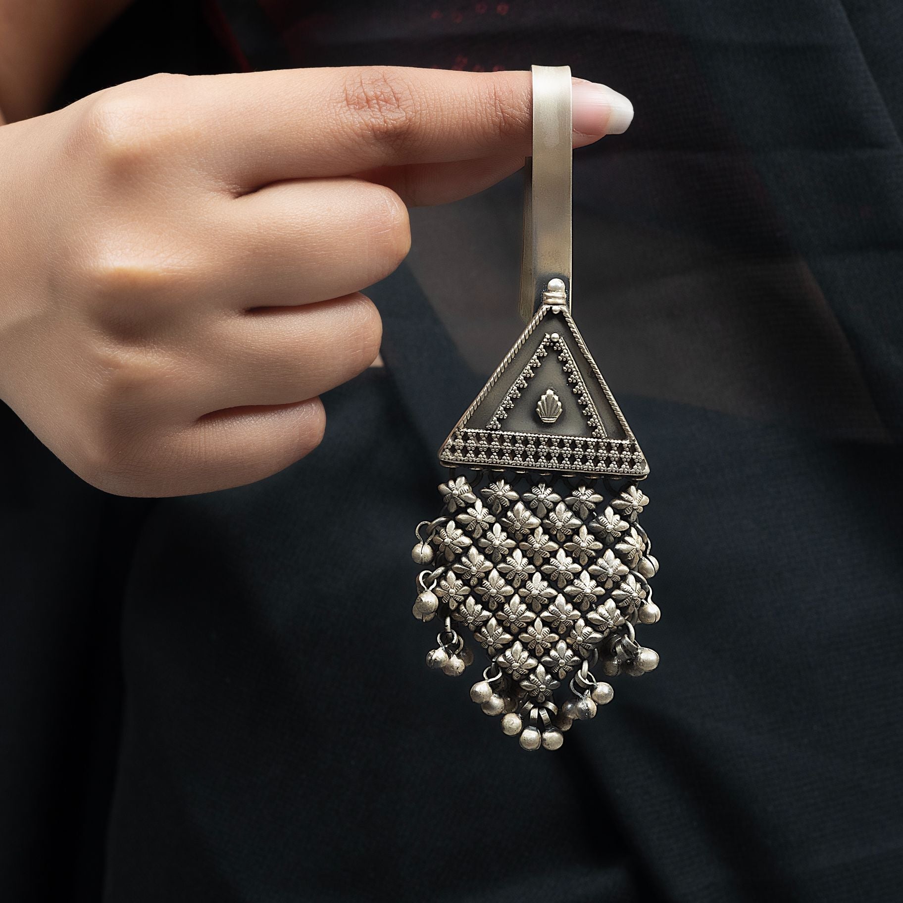 Alluring Triangular Jali Waist Keychain With Ghungroos silverhousebyrj