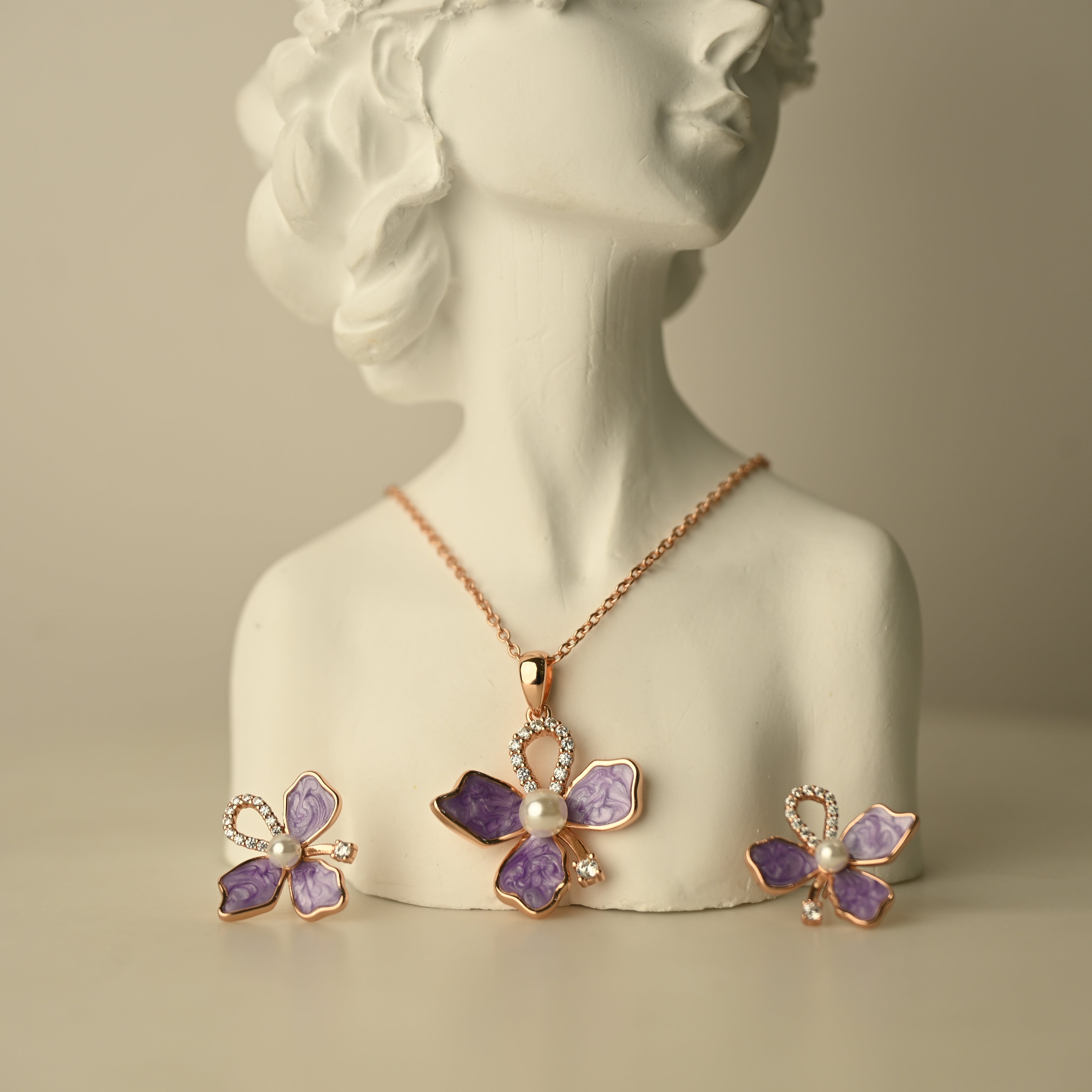 Purple Floral Pendant & Earring Set