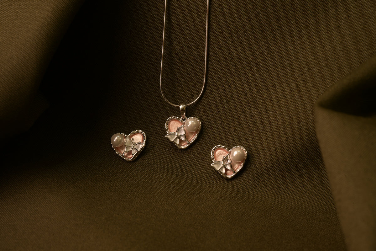 Pink Heart Pearl Pendant Set