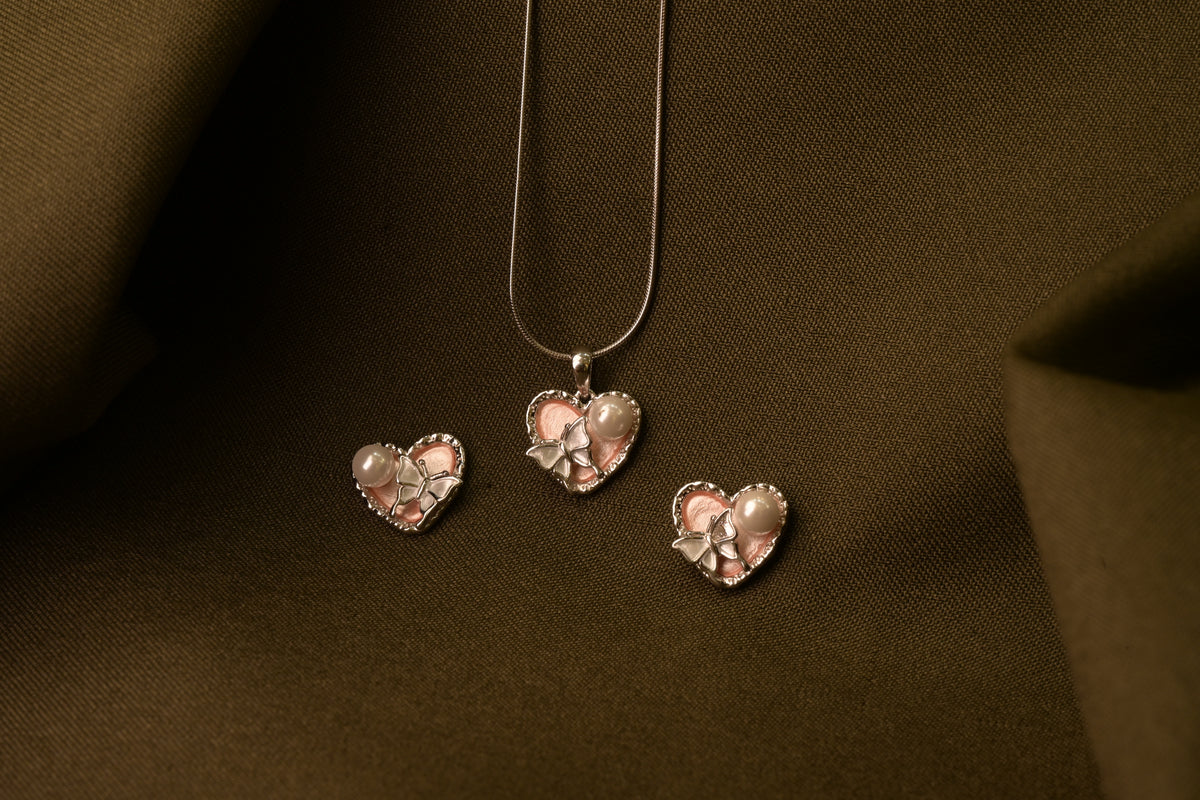 Pink Heart Pearl Pendant Set