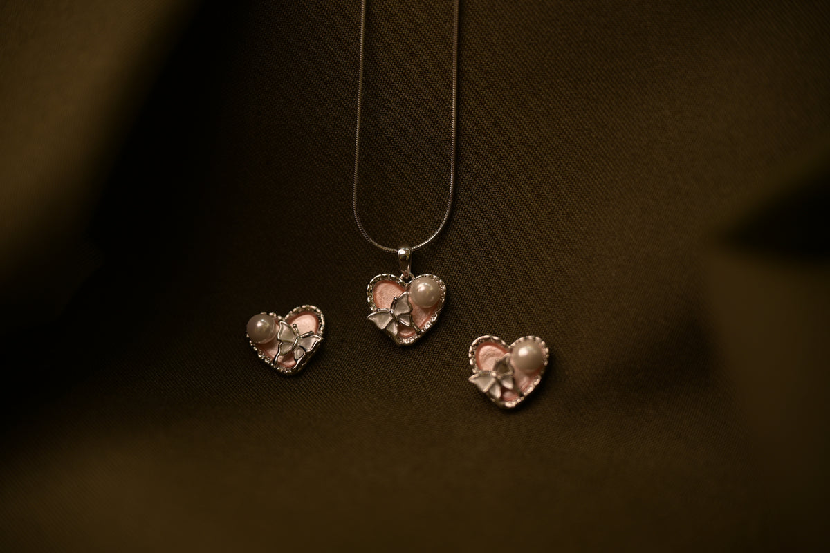 Pink Heart Pearl Pendant Set