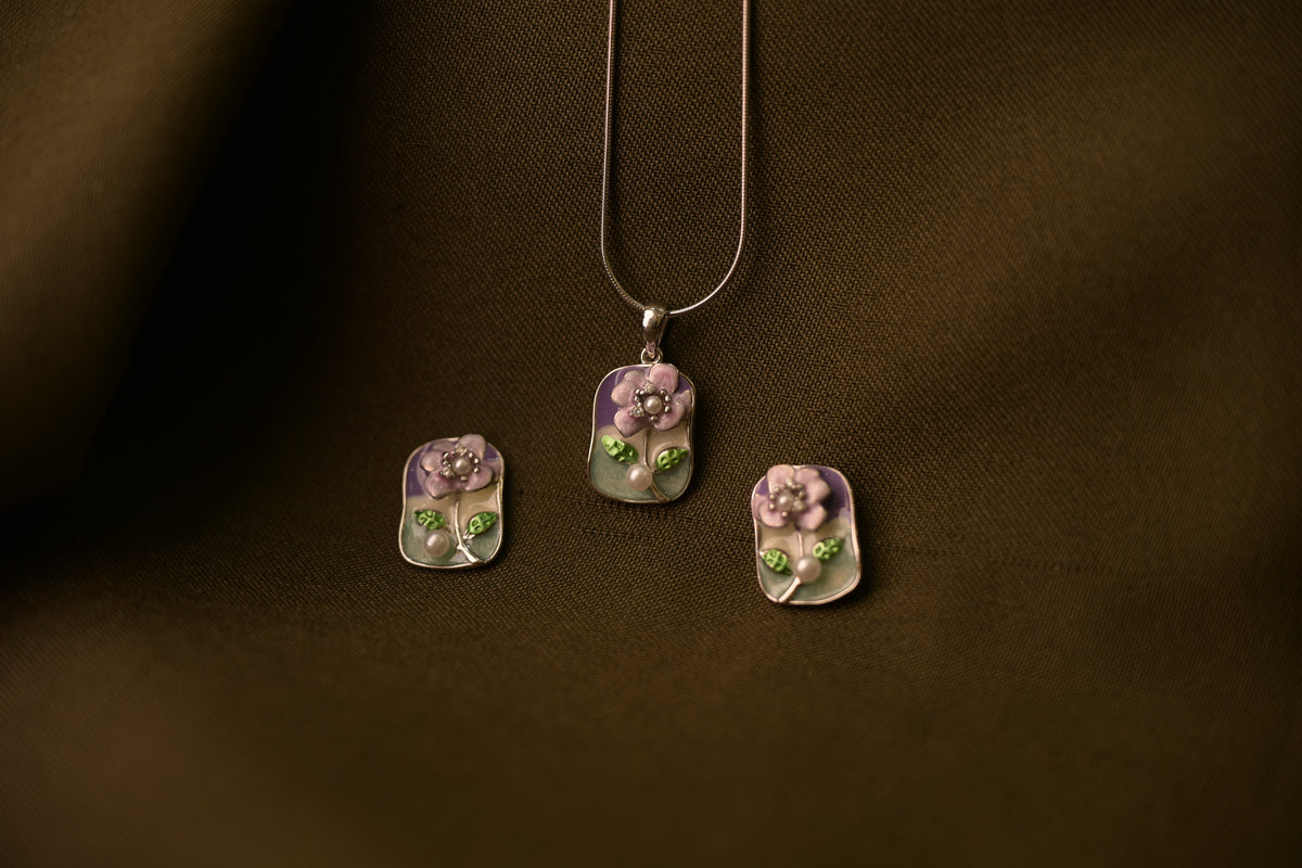 Floral Enamel Silver Pendant Set