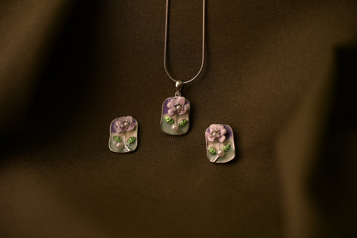 Floral Enamel Silver Pendant Set