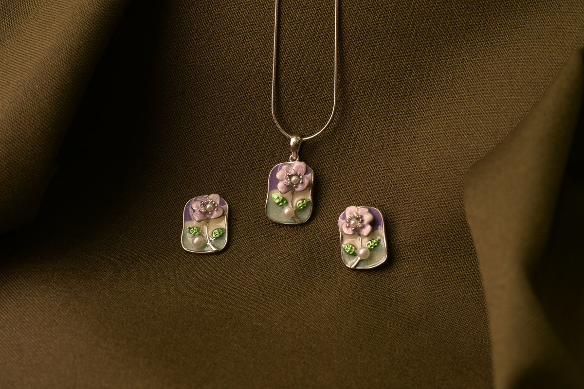 Floral Enamel Silver Pendant Set