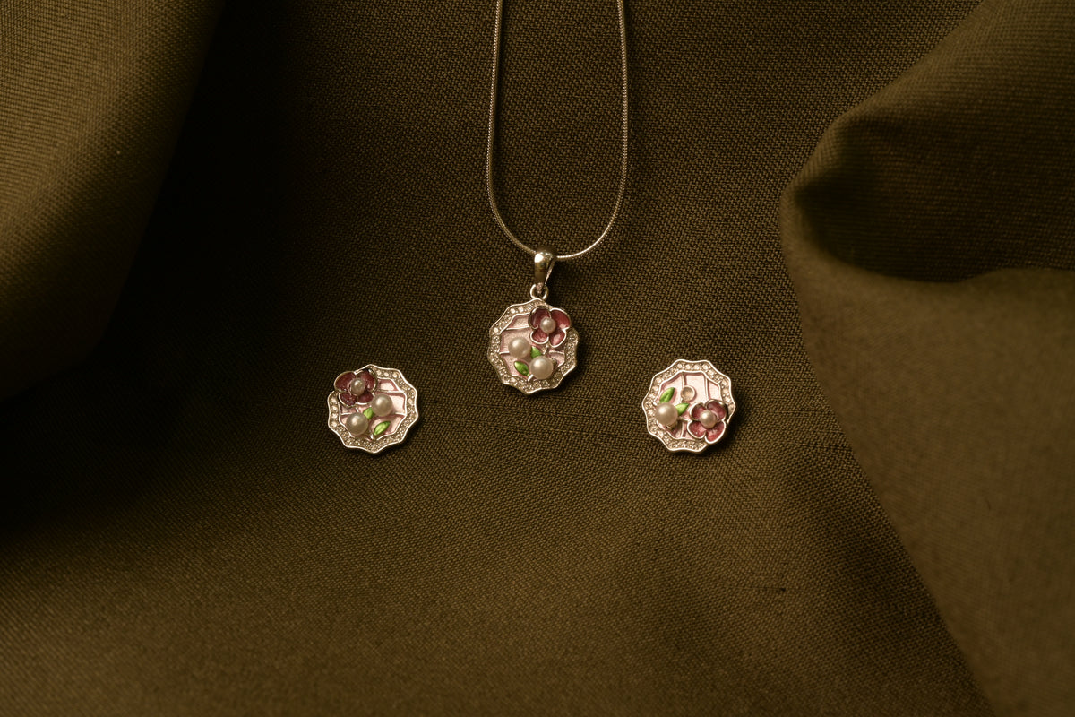 Floral Pearl Enamel Silver Pendant Set