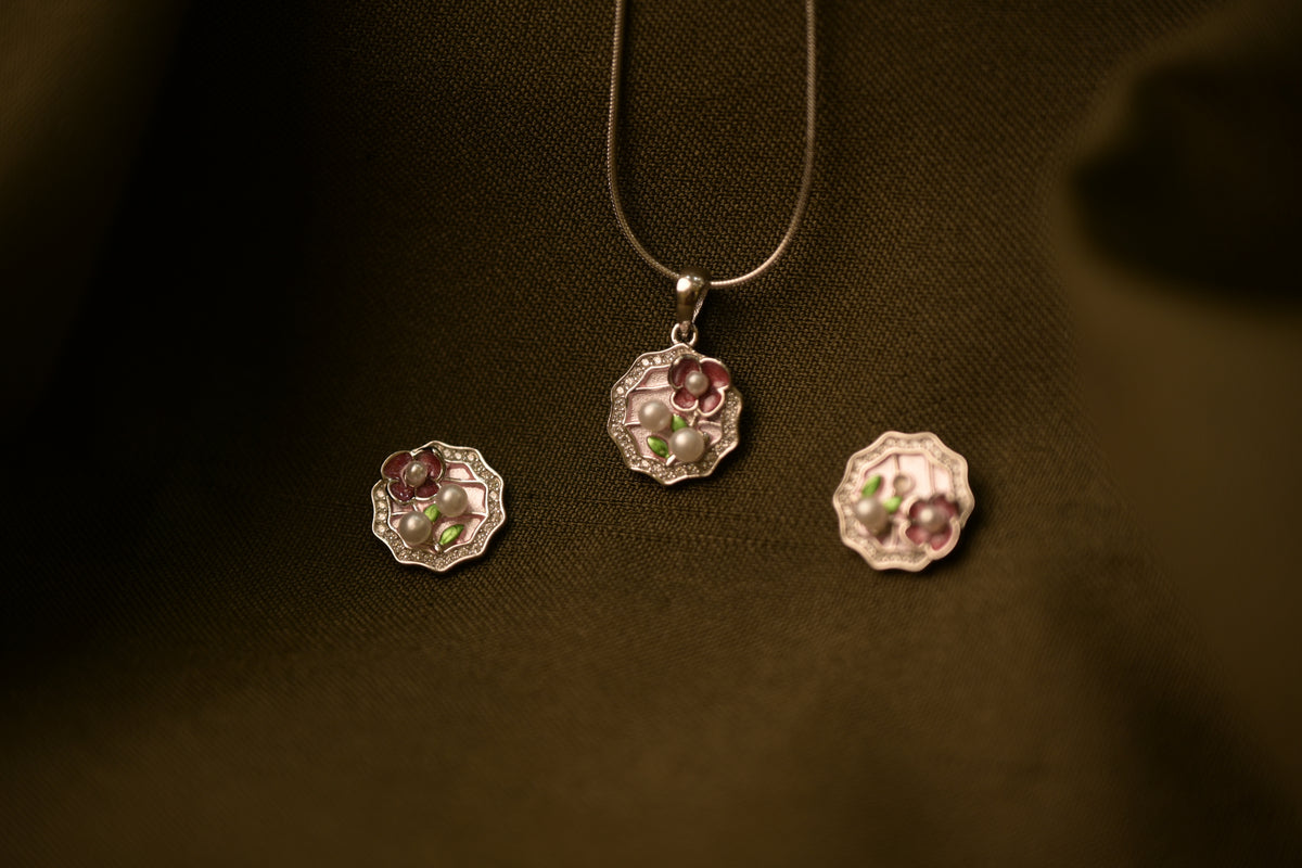 Floral Pearl Enamel Silver Pendant Set