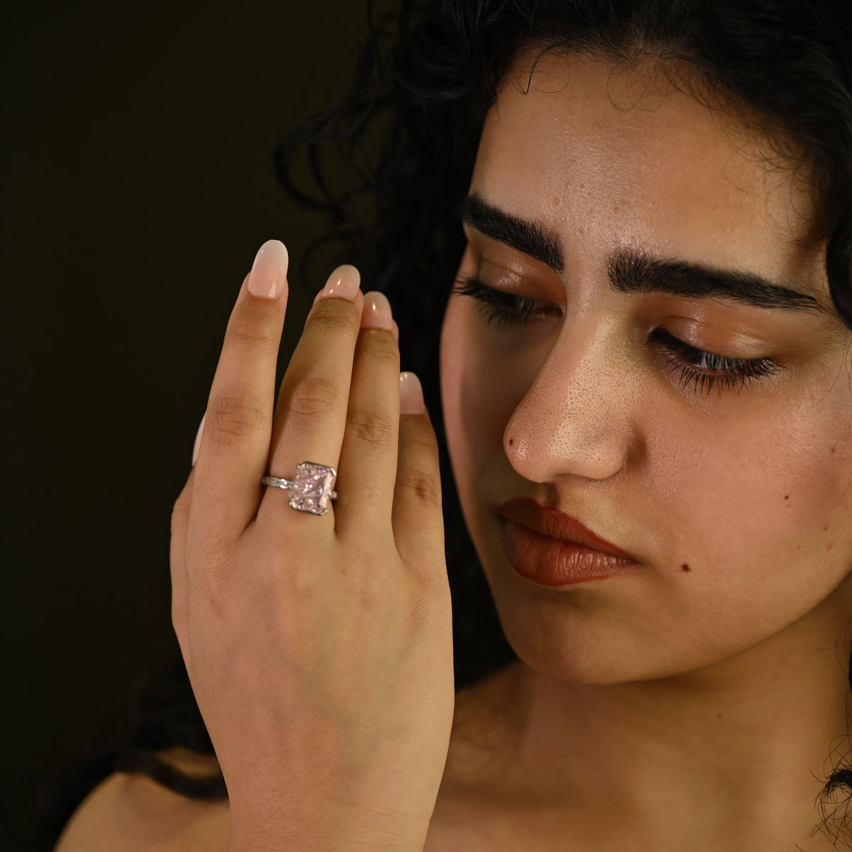Pink Emerald-Cut Crystal Statement Ring