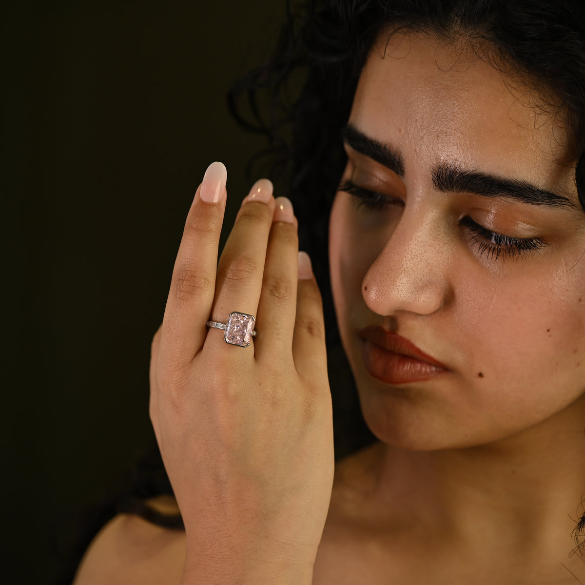 Pink Emerald-Cut Crystal Statement Ring
