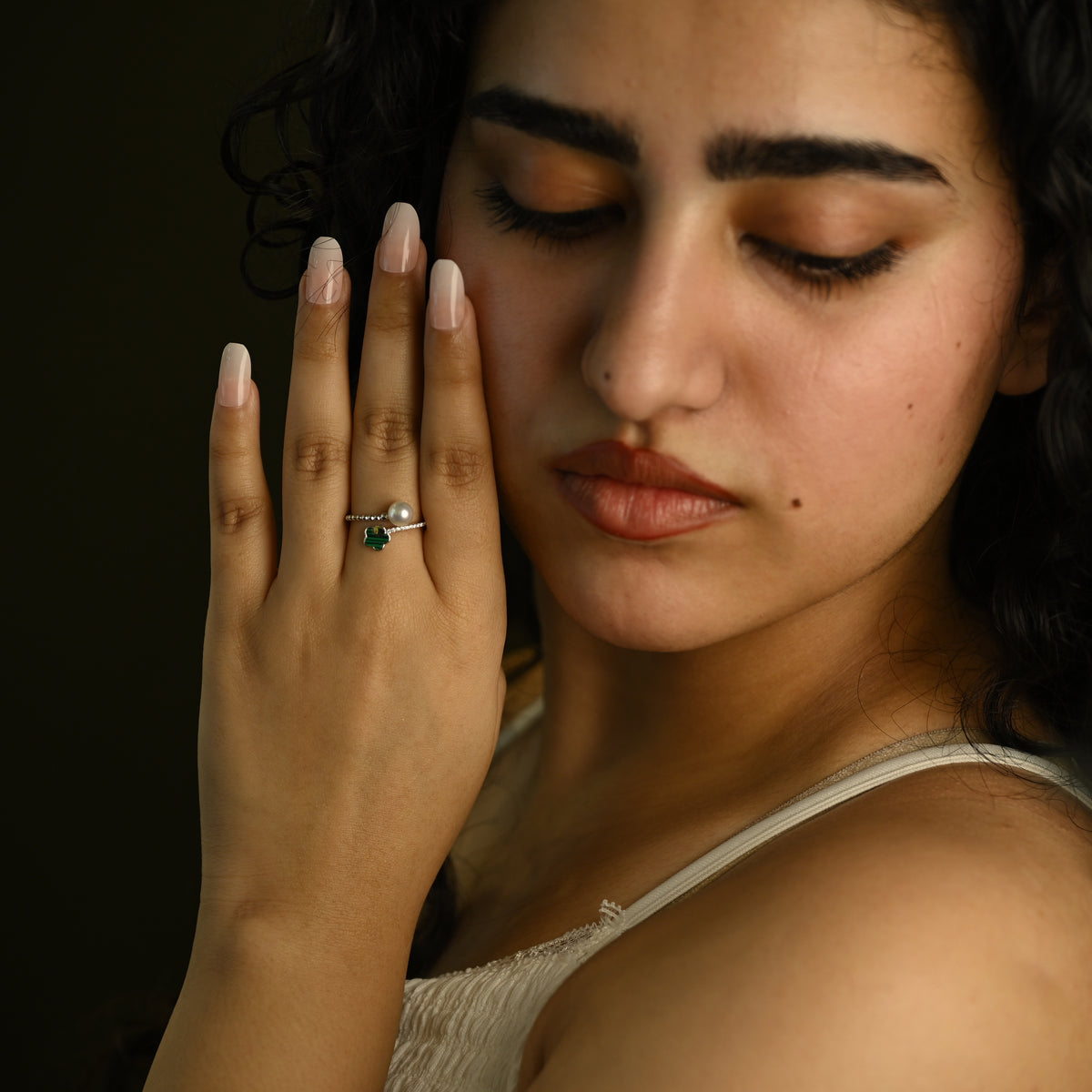 Green Clover Pearl Ring