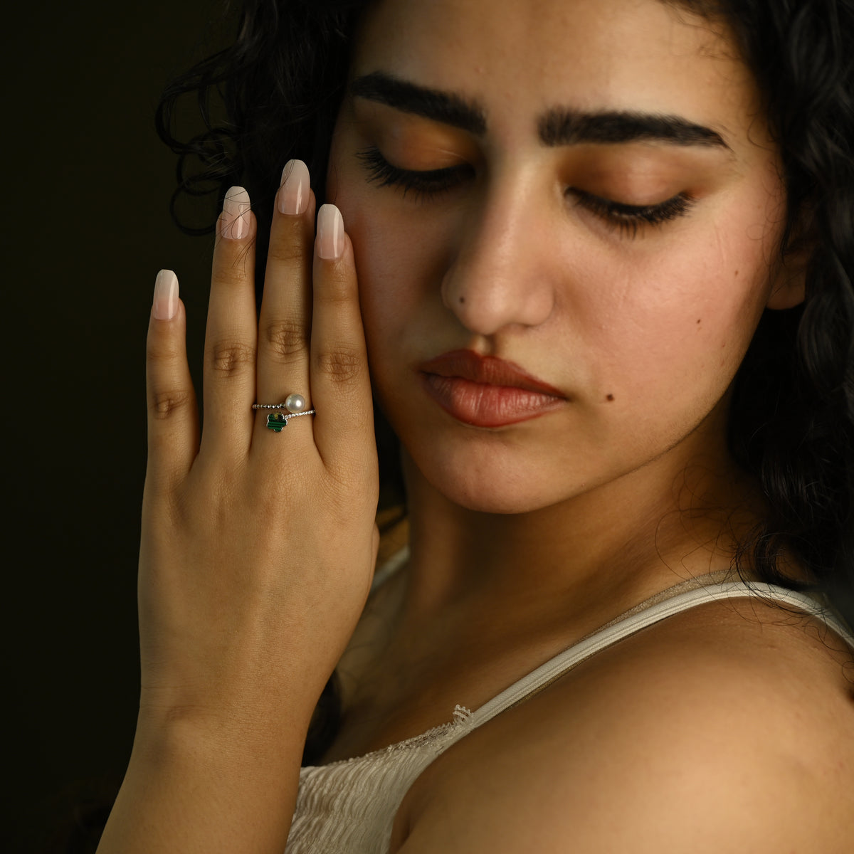 Green Clover Pearl Ring