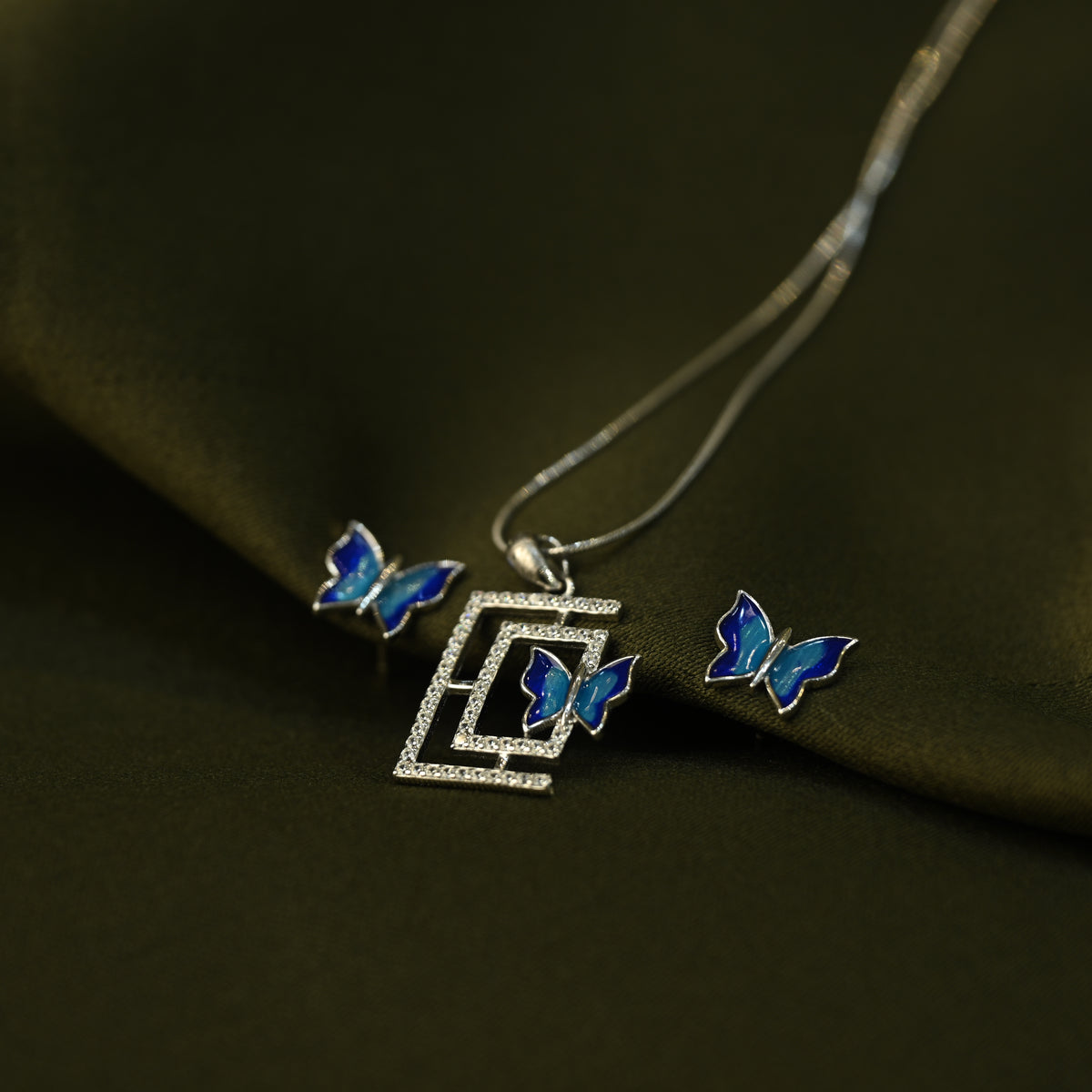 Blue Butterfly Pendant & Earring Set