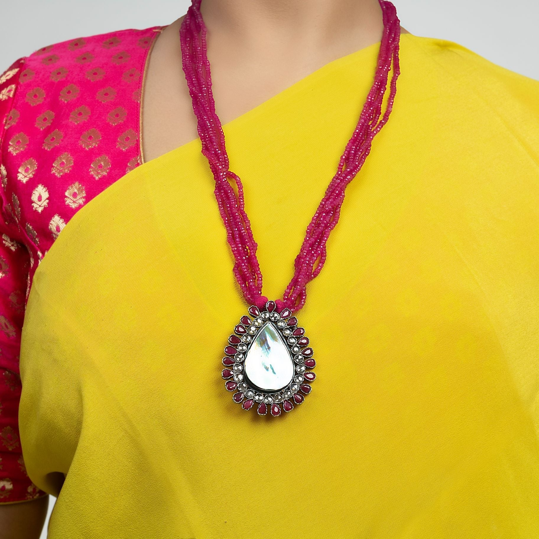 Delightful Long Stones Studded Necklace with Magenta Coloured Moti silverhousebyrj