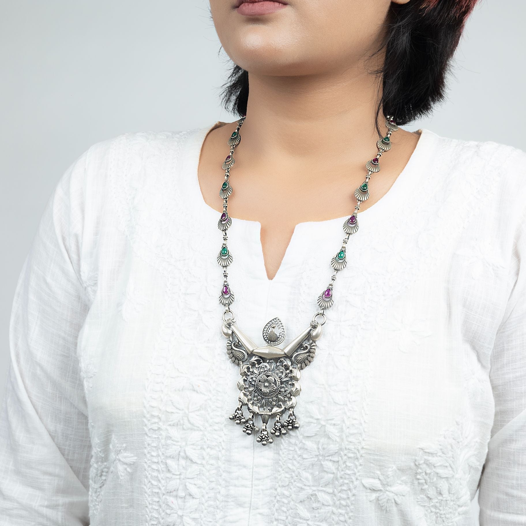 Exquisite Long Necklace with Drop Shaped Chain with Hanging Ghungroo on Pendant silverhousebyrj