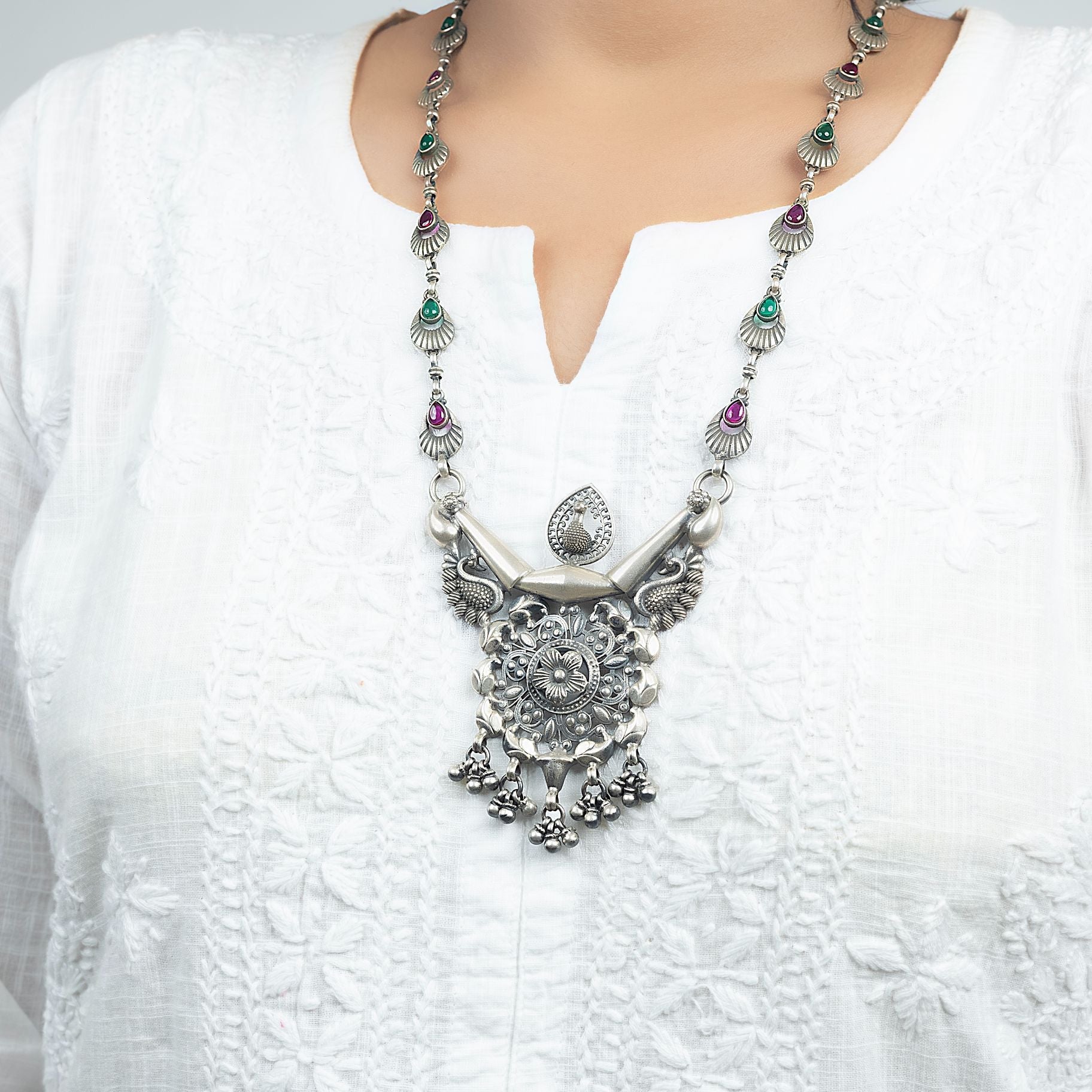 Exquisite Long Necklace with Drop Shaped Chain with Hanging Ghungroo on Pendant silverhousebyrj