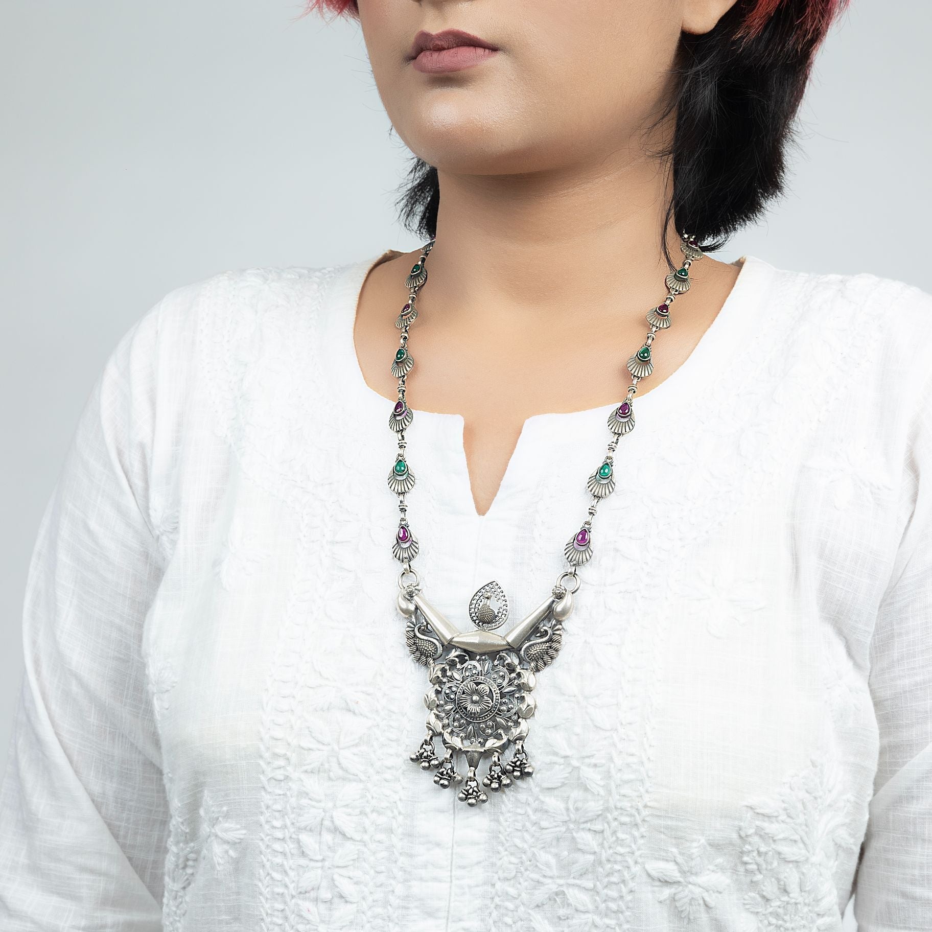 Exquisite Long Necklace with Drop Shaped Chain with Hanging Ghungroo on Pendant silverhousebyrj