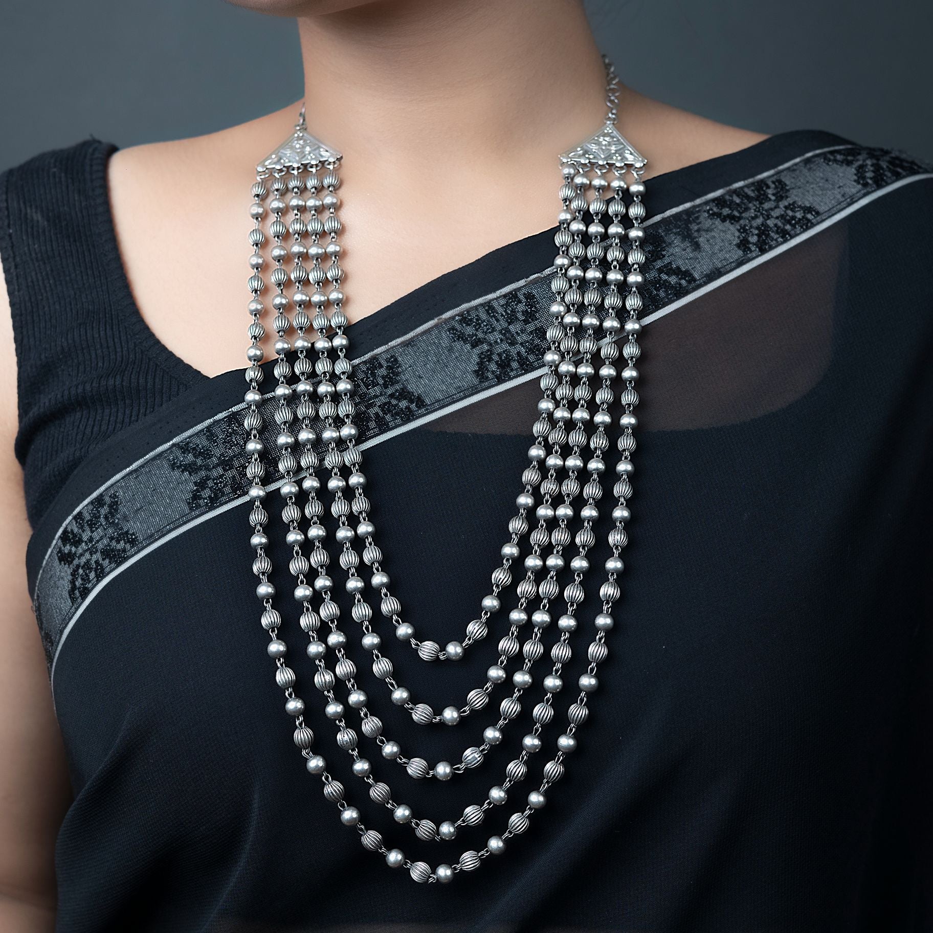 Exquisite  Multilayered silver matar mala Chain Neckpiece silverhousebyrj