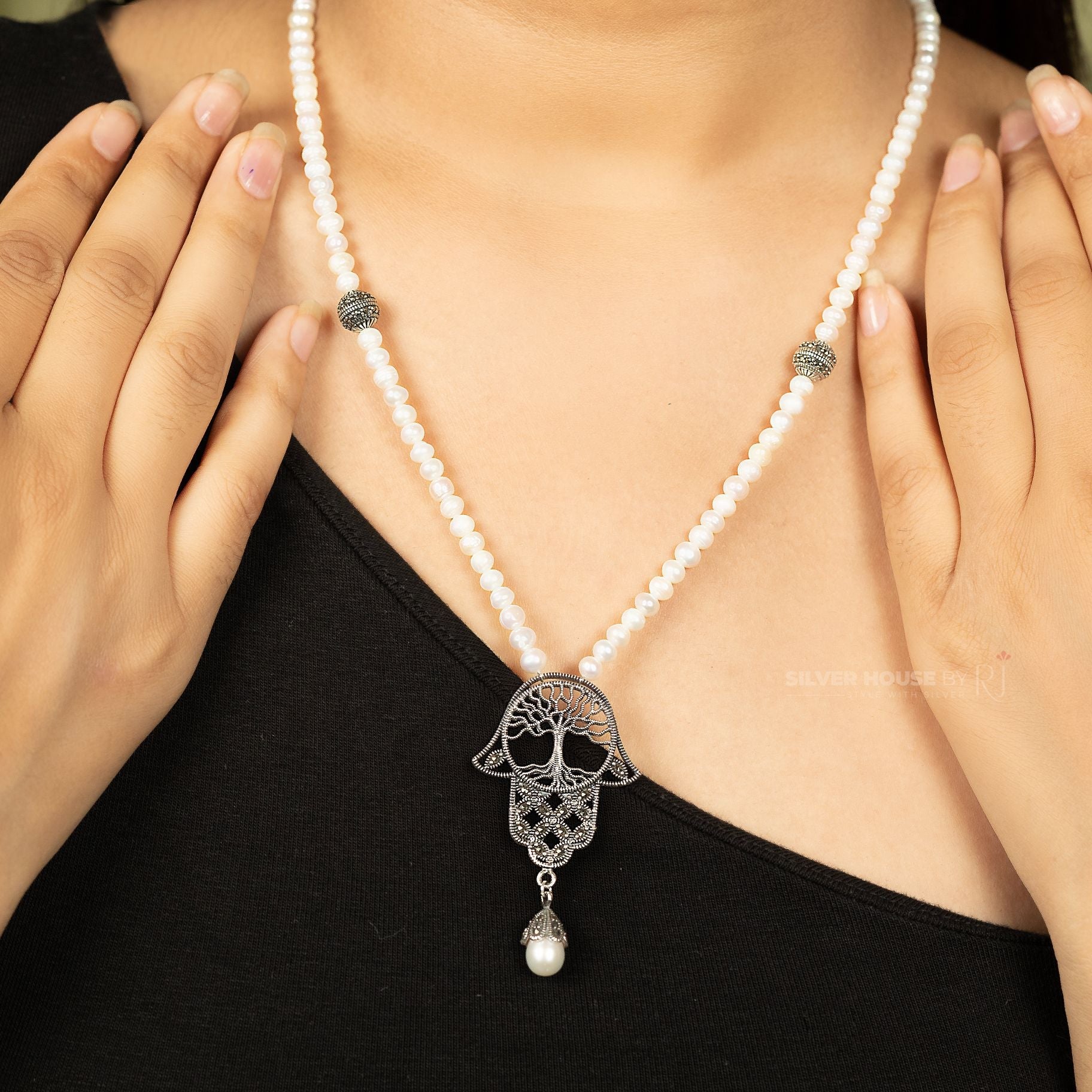 Exquisite Pearl Necklace With Classic Marcasite Stone Studded Pendant silverhousebyrj