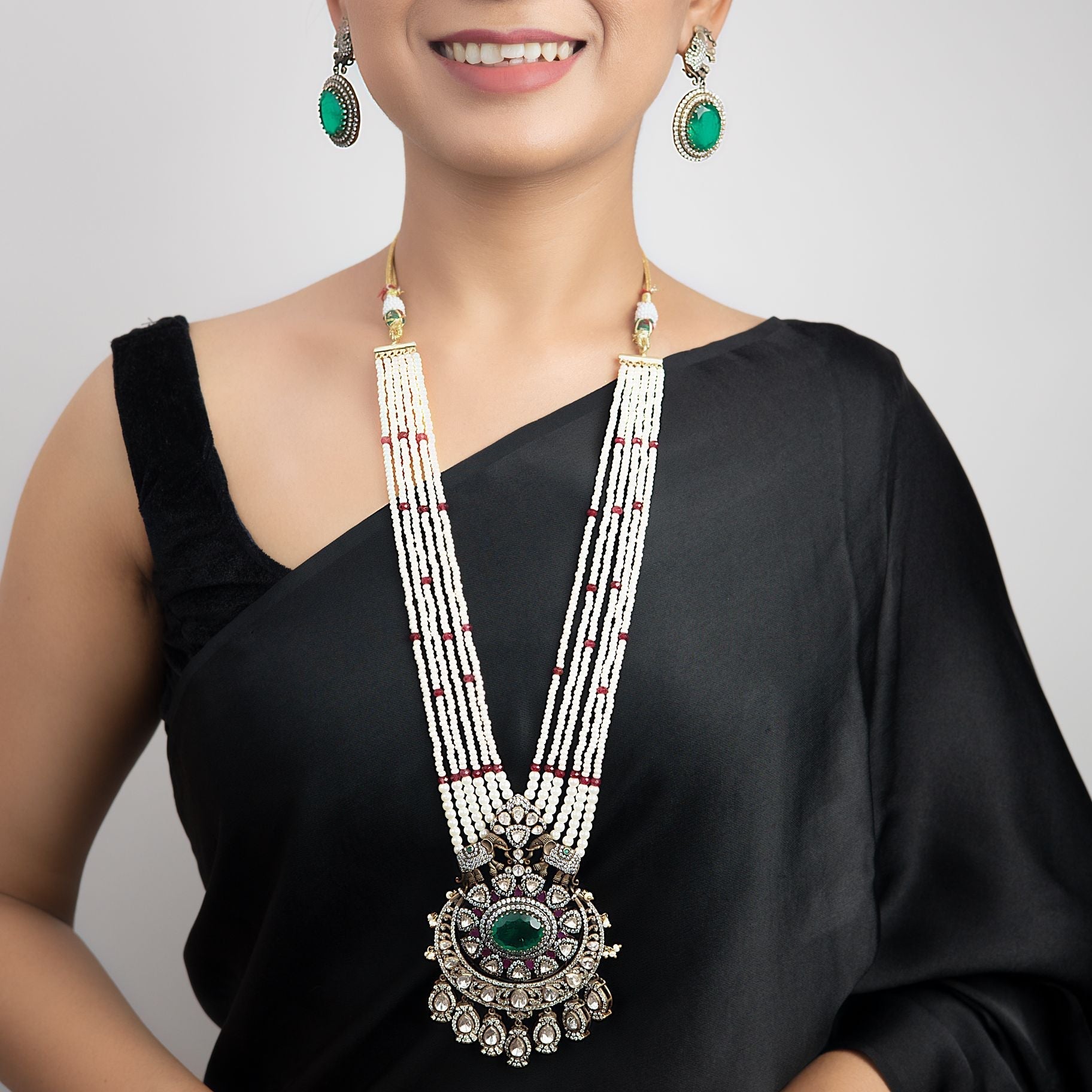 Exquisite Polki and Pearls Silver Necklace and Panna Earings silverhousebyrj