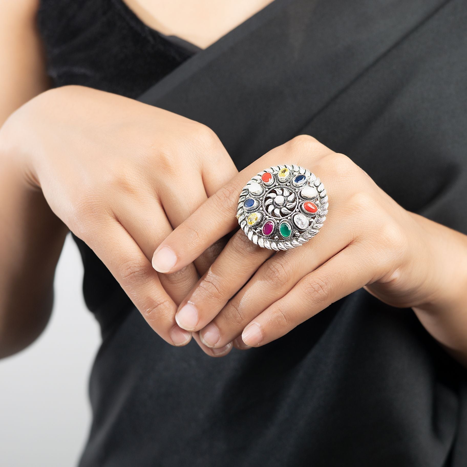 Exquisite Silver Ring with Precious Stone Petals and Vibrant Borders silverhousebyrj