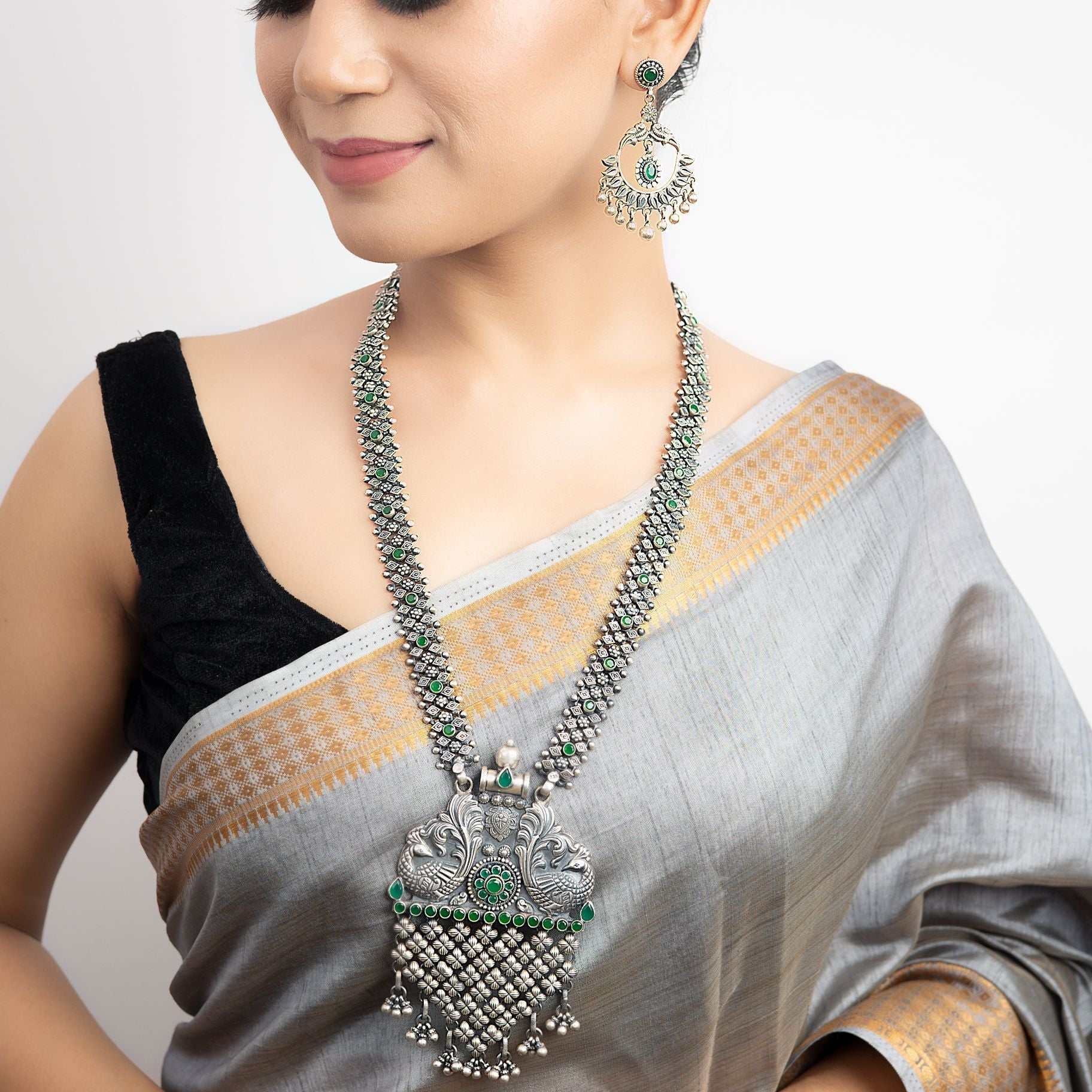 Jali Peacock long Necklace with Earrings Set silverhousebyrj