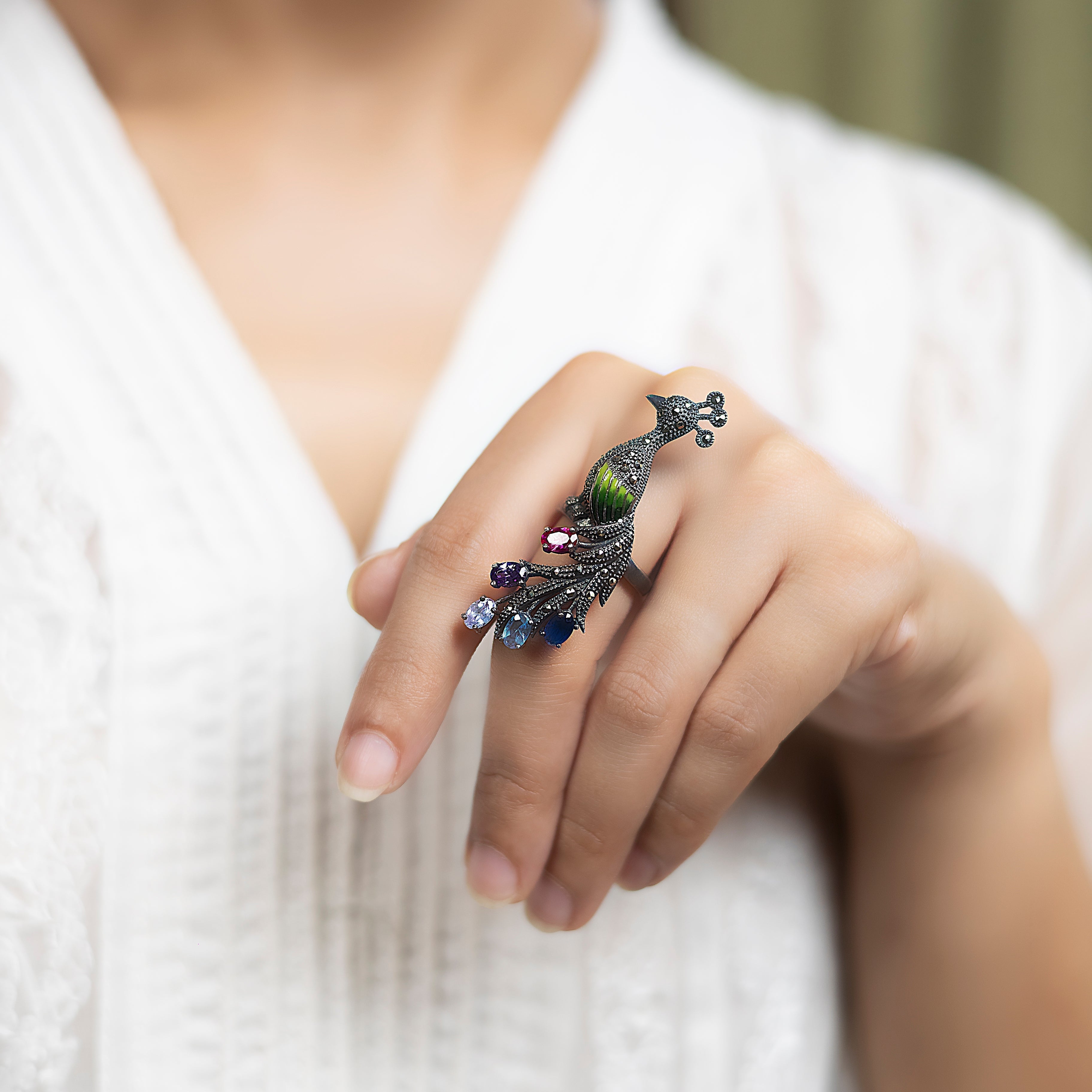 Buy Silver Plated Handcrafted Oxidized Peacock Ring by Noor Online at Aza  Fashions.