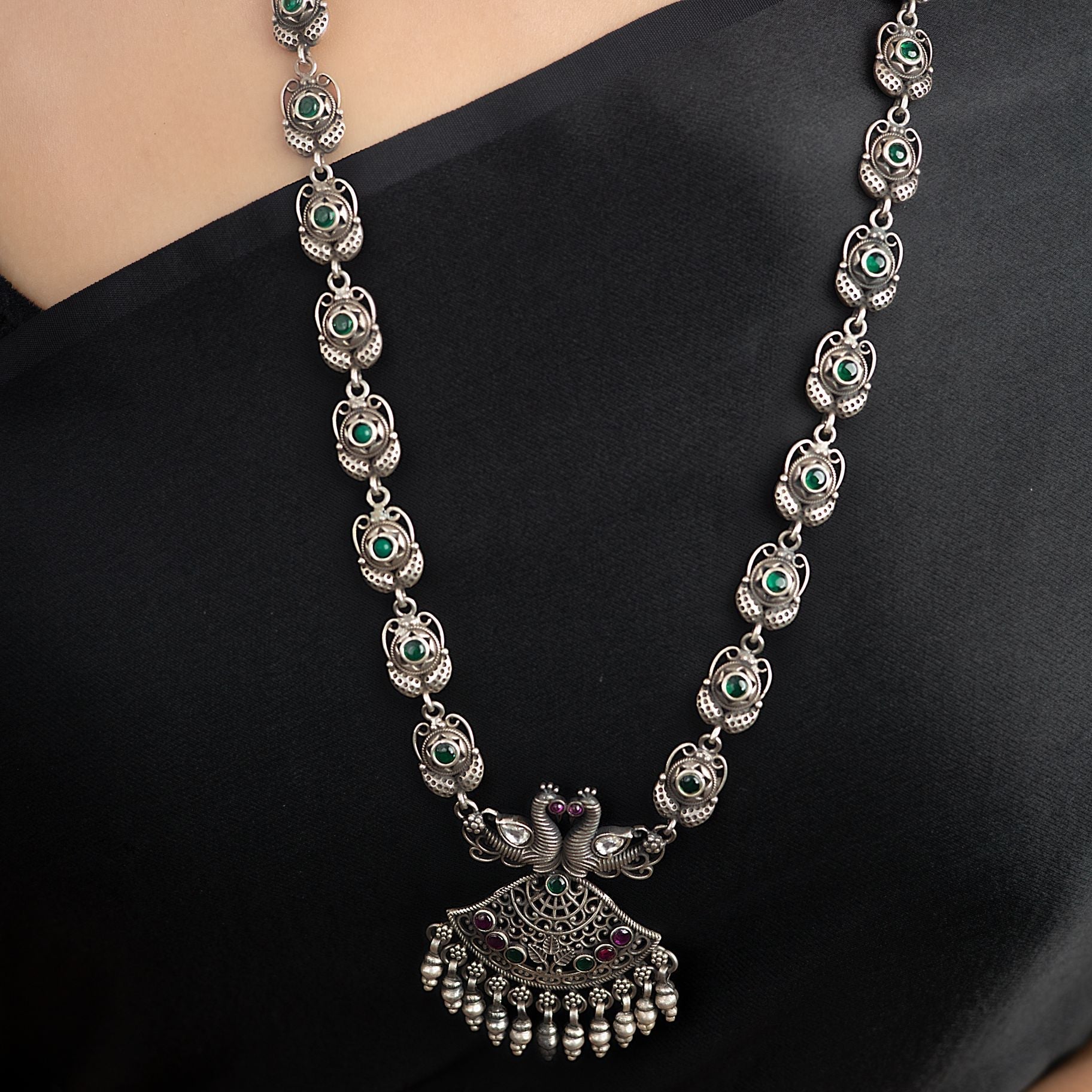 Magnificent light weight mayuri necklace with designer long chain silverhousebyrj