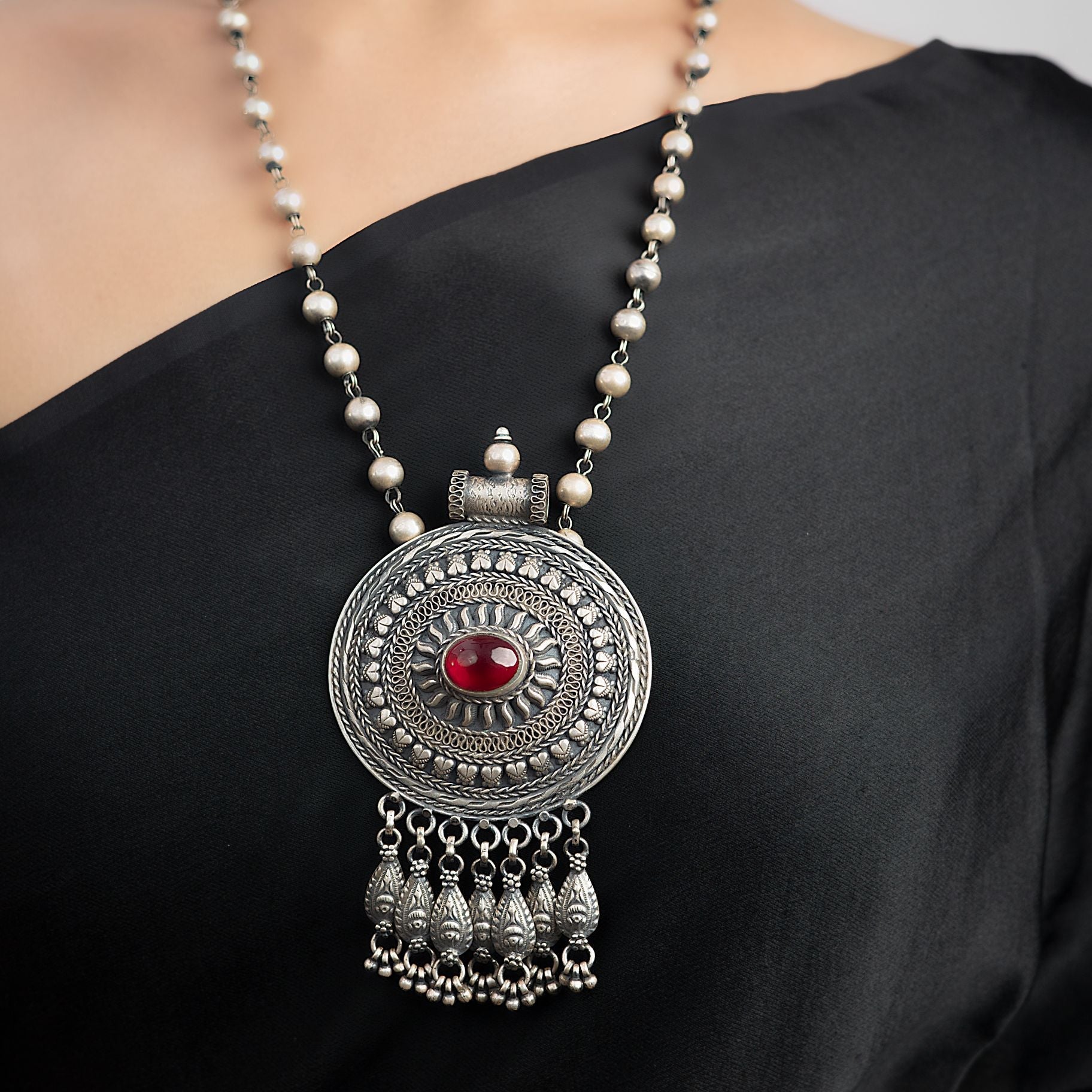 Manik Pendant with Long Matar mala silverhousebyrj