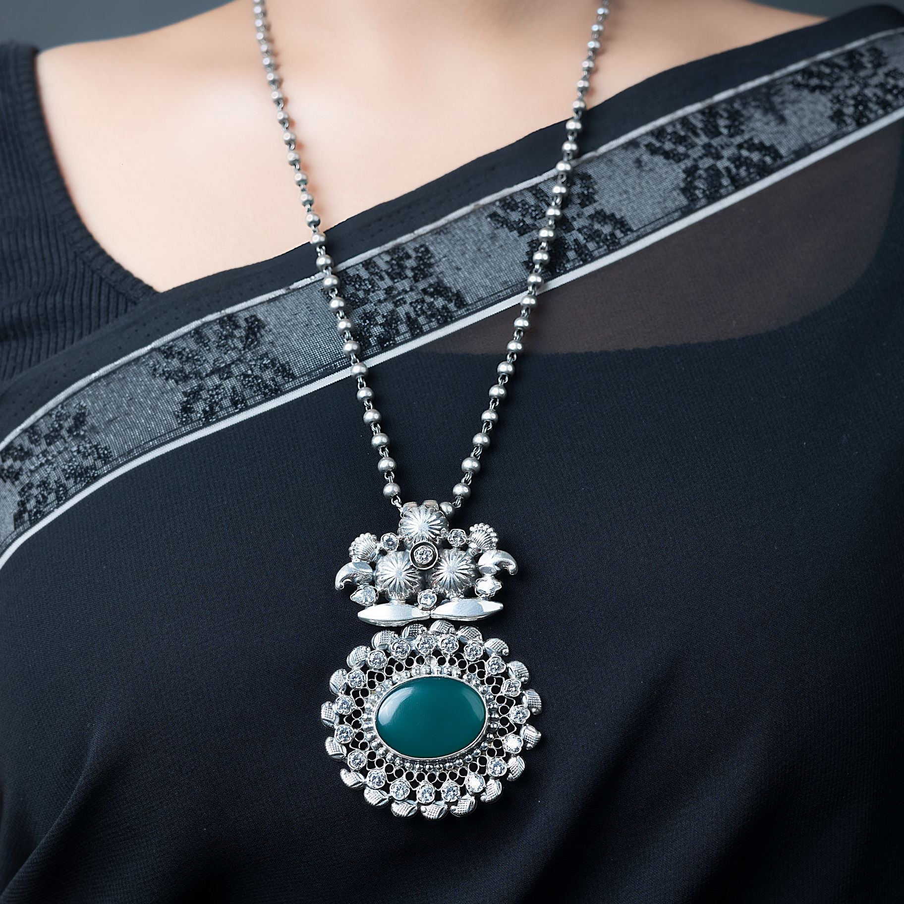 Trendy Green Emerald Pendant with Long Matar mala Chain silverhousebyrj