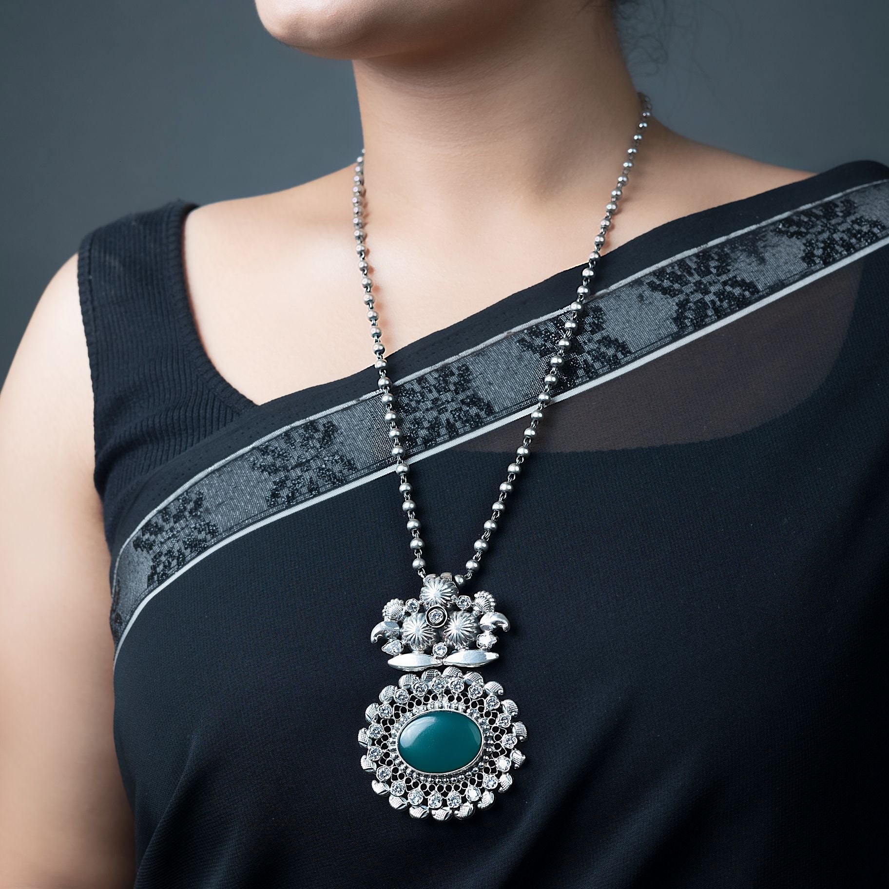 Trendy Green Emerald Pendant with Long Matar mala Chain silverhousebyrj