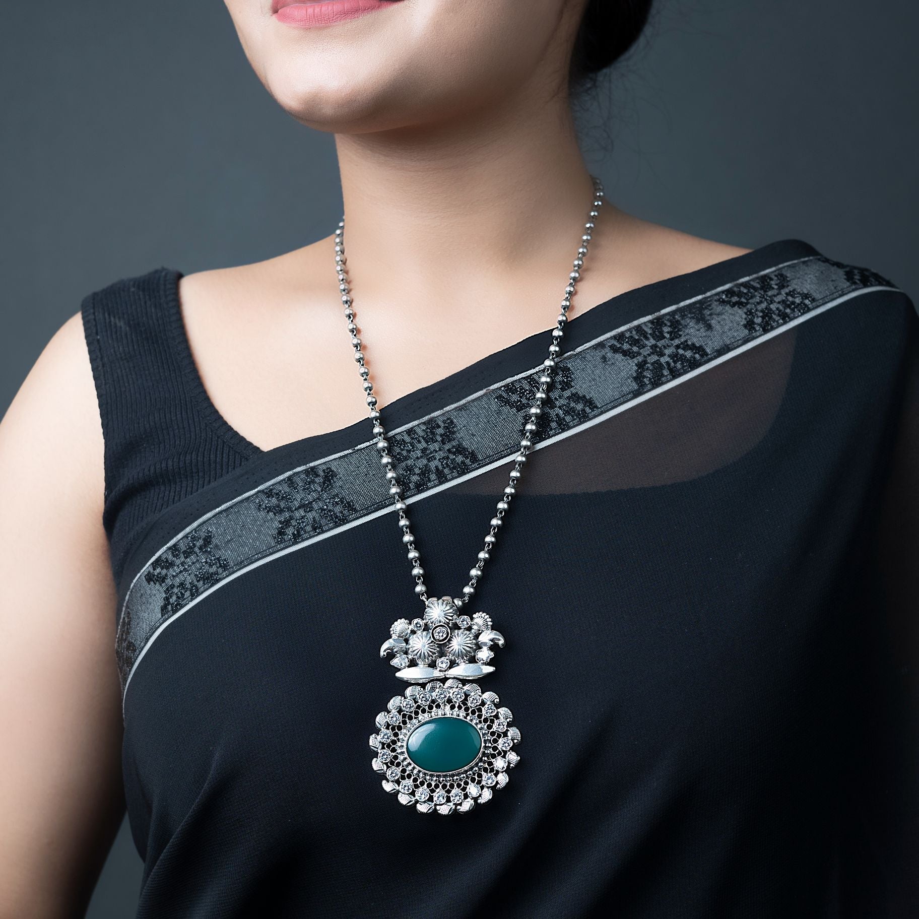 Trendy Green Emerald Pendant with Long Matar mala Chain silverhousebyrj