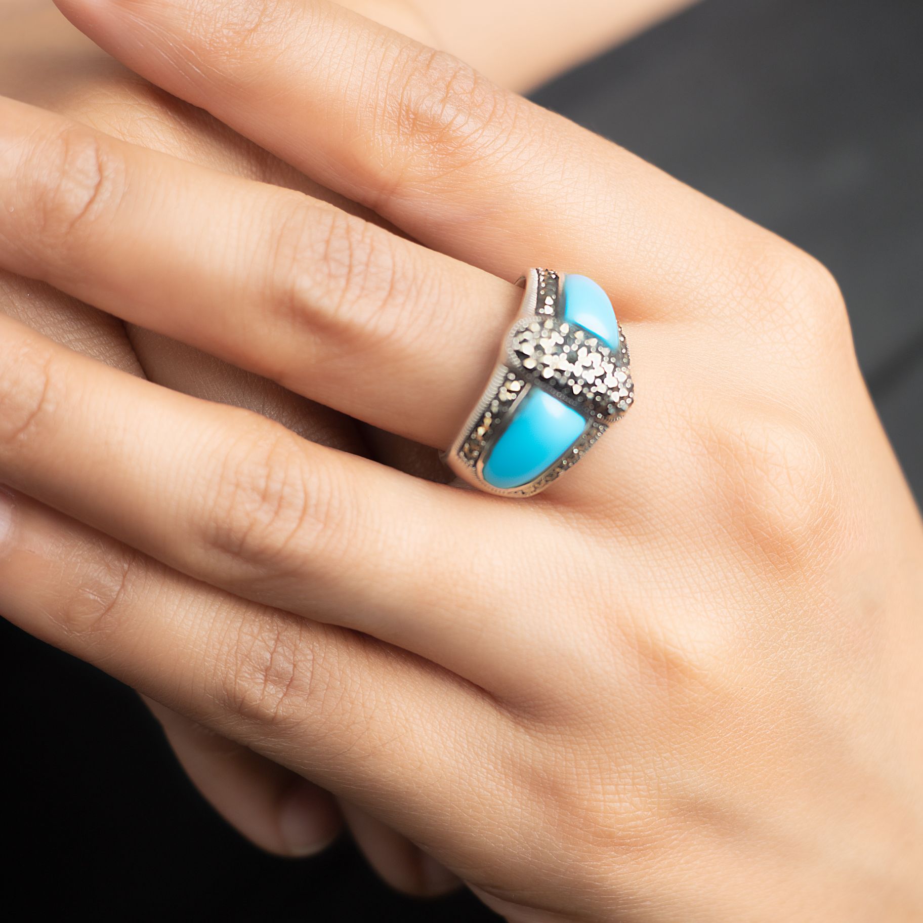 Turquoise & Marcasite Stones Studded Ring silverhousebyrj