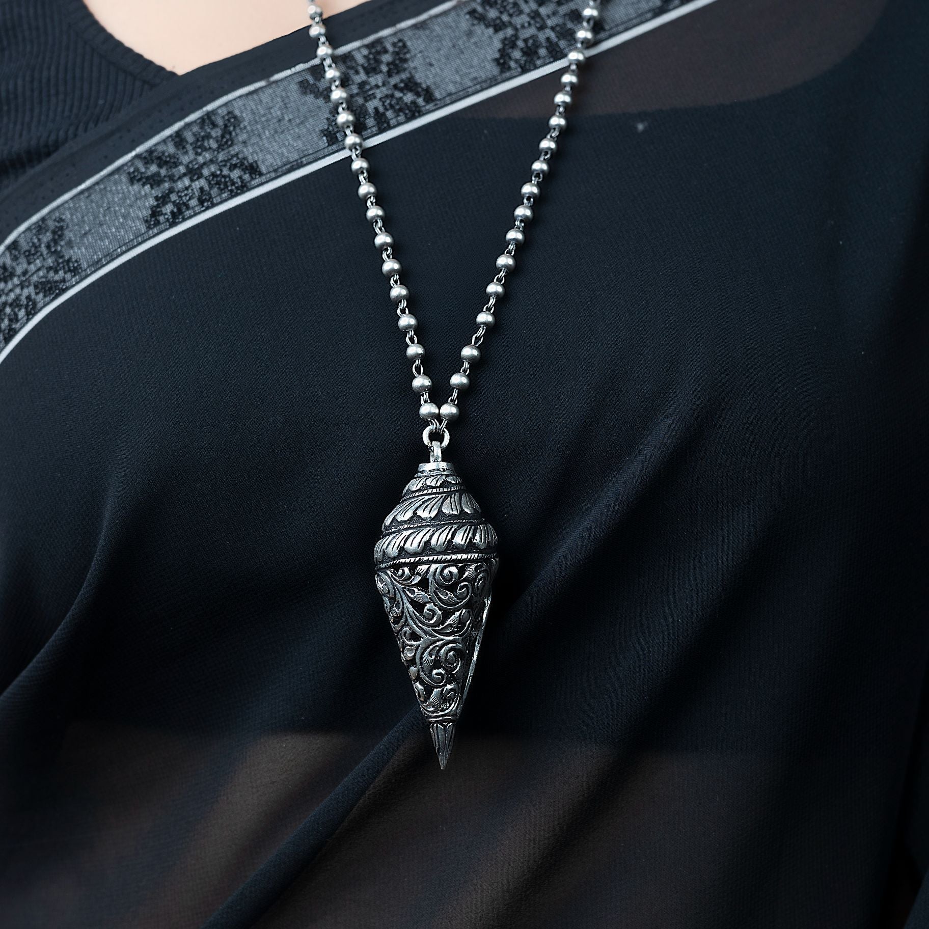 Unique Shankh Pendant Neckpiece With Long Matar mala chain silverhousebyrj